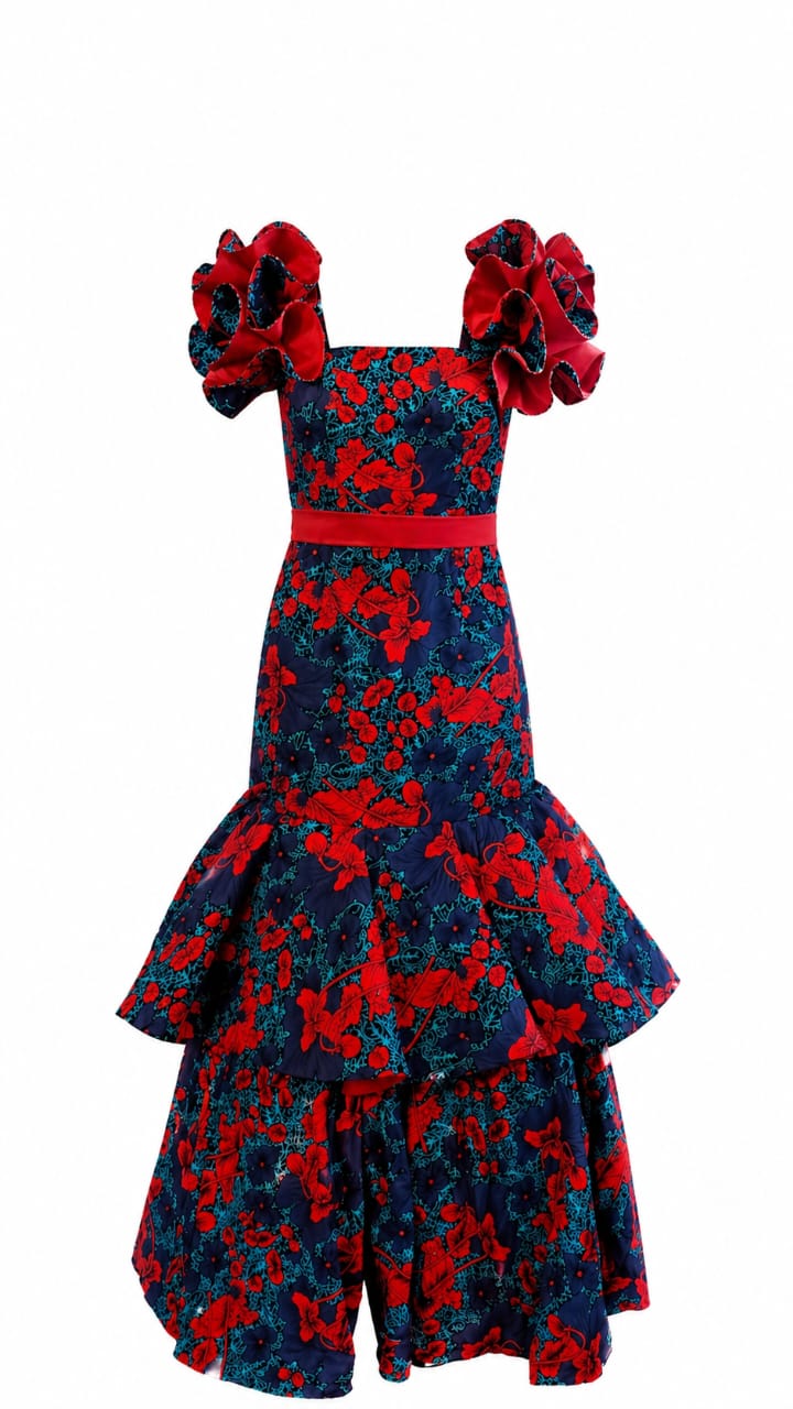 Traditional South African Red and blue floral dress with ruffled layers on a white background